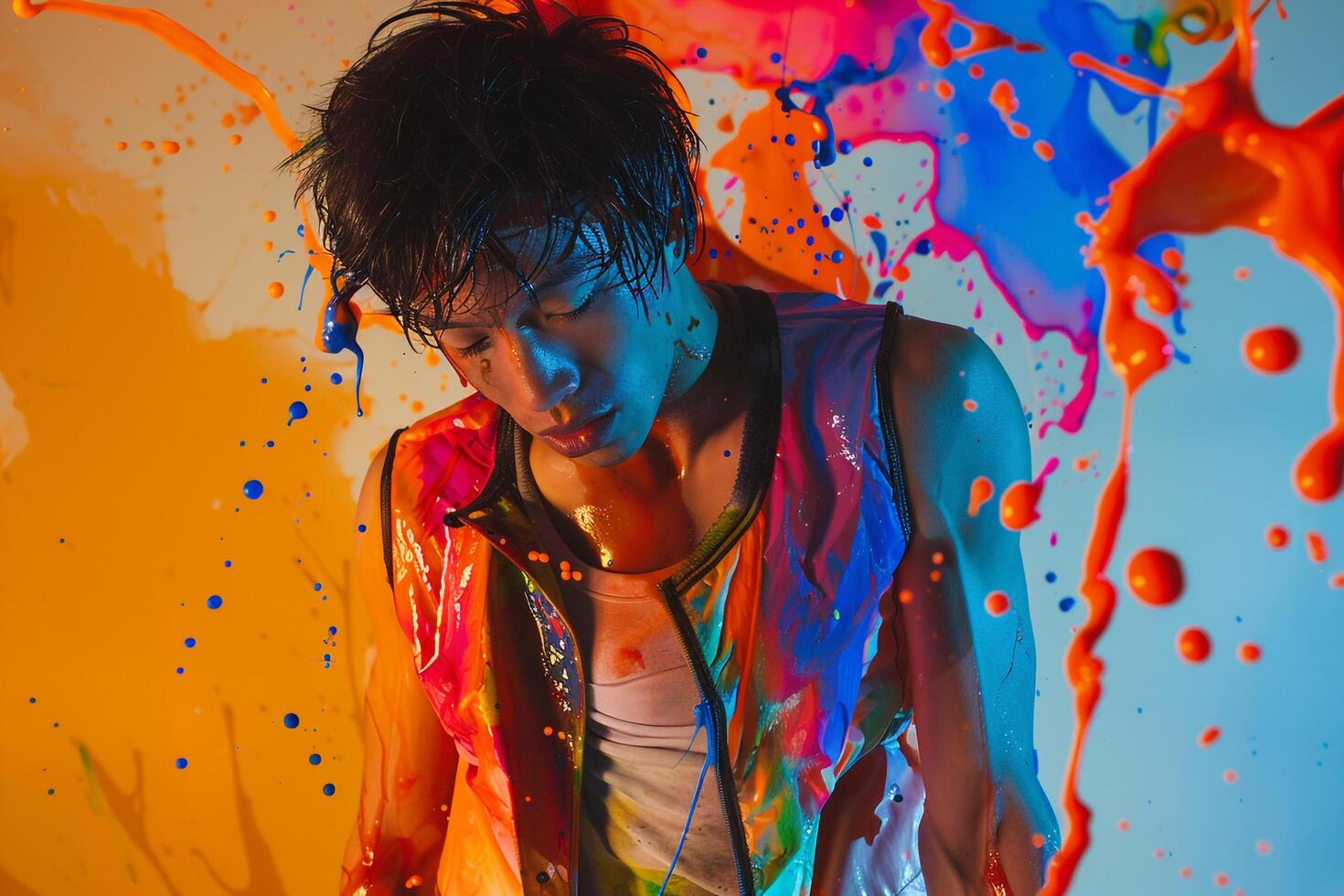 Costume Vest with Male Apparelful Splashes on Male Fashion Model Trendy portrait Modern Background Stylish Males Lifestyle photo