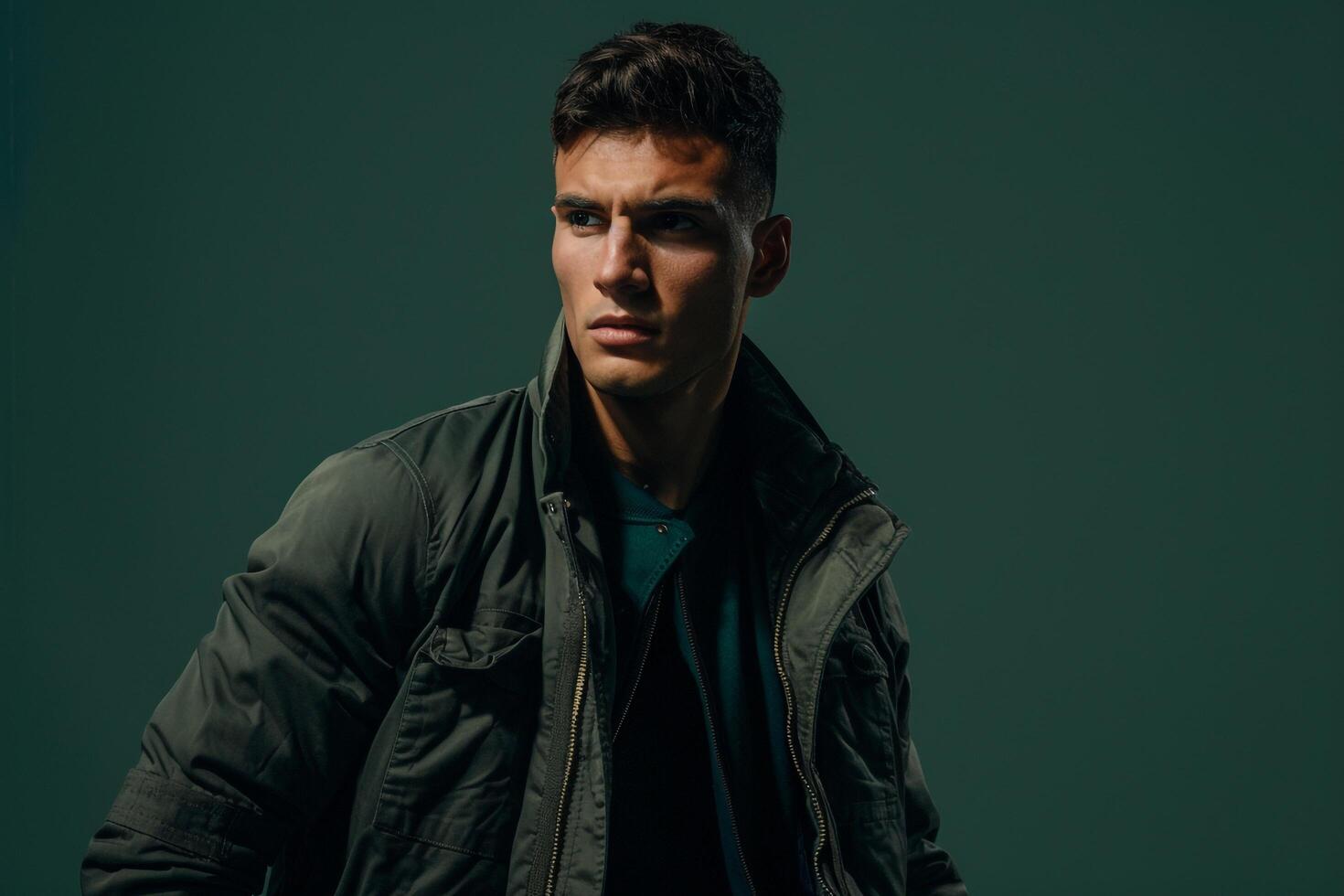 Bright Green Zip Up Jacket on Male Fashion Model Trendy portrait Modern Background Stylish Males Apparel Contemporary Lifestyle photo