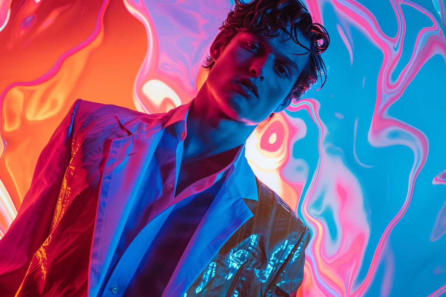 Neon Costume Blazer on Fashion Model Trendy portrait Modern Background Stylish Males Apparel Bold Lifestyle photo