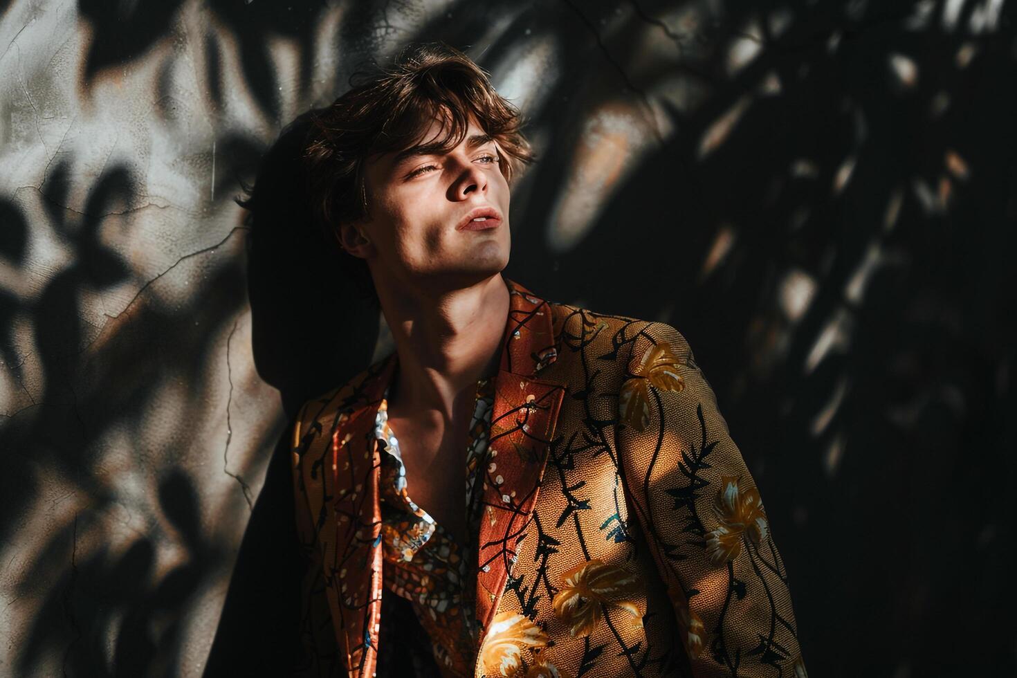 patterned Blazer with Dramatic Shadows on Male Fashion Model Trendy portrait Modern Background Stylish Males Apparel Bold Lifestyle photo