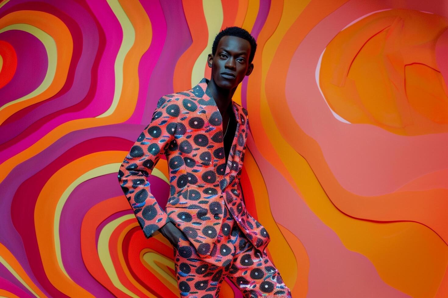 Stylish Males Apparel in Abstract pattern Suit with Swirls Trendy portrait of Male Model with Modern Background and Bold Lifestyle photo