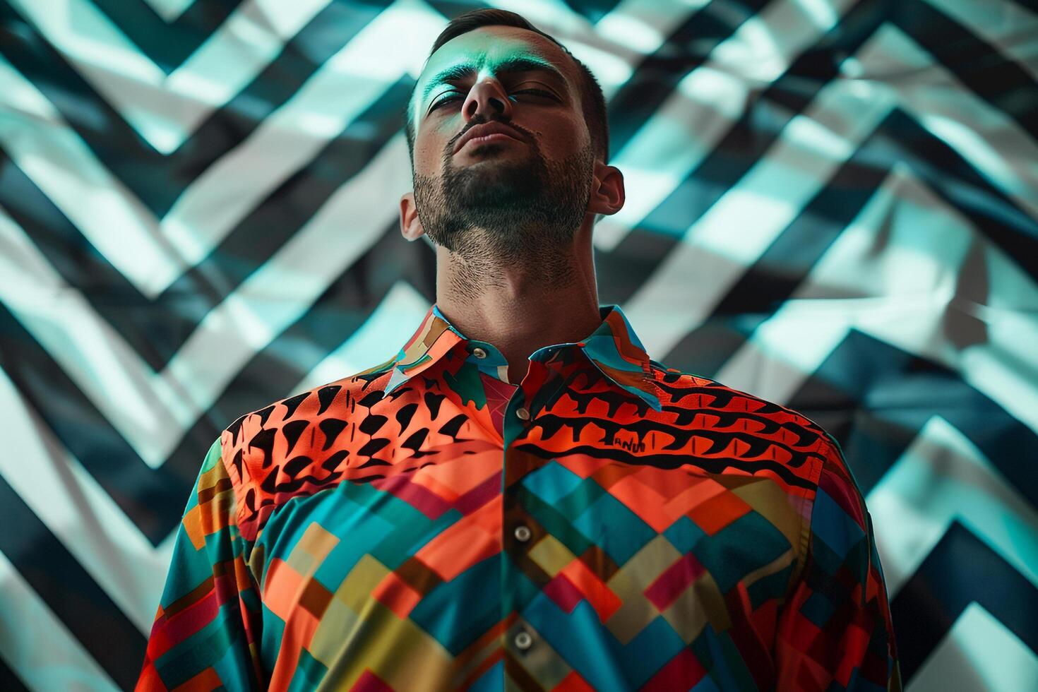 Trendy Costume Shirt with Geometric patterns on Male Fashion Model Modern portrait Stylish Apparel and Bold Lifestyle in Contemporary Setting photo