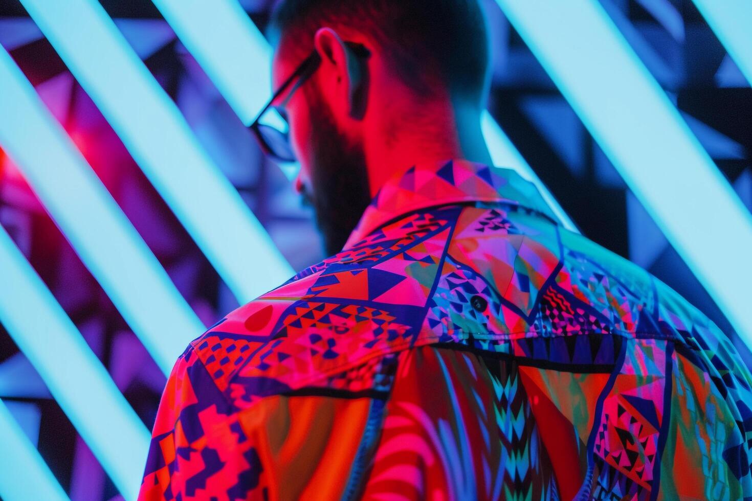 Geometric patterns Costume Shirt on Male Fashion Model Trendy portrait with Modern Background Stylish Apparel and Bold Lifestyle photo