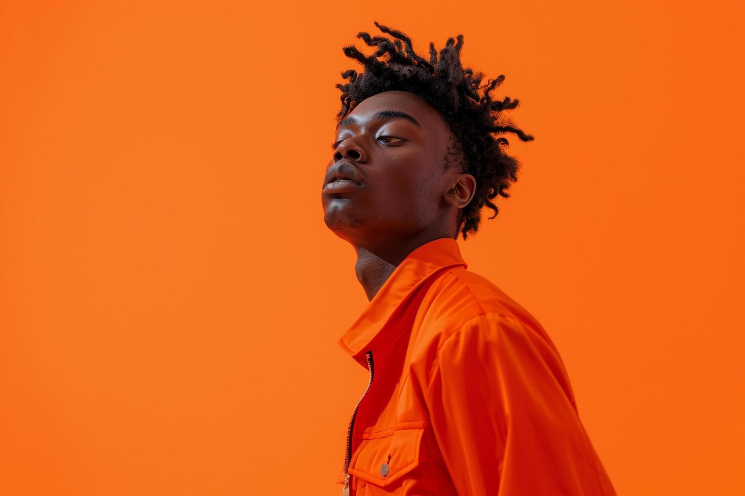 Male Model in Tangerine Jacket Stylish Males Apparel in Trendy portrait with Modern Background and Bold Lifestyle photo