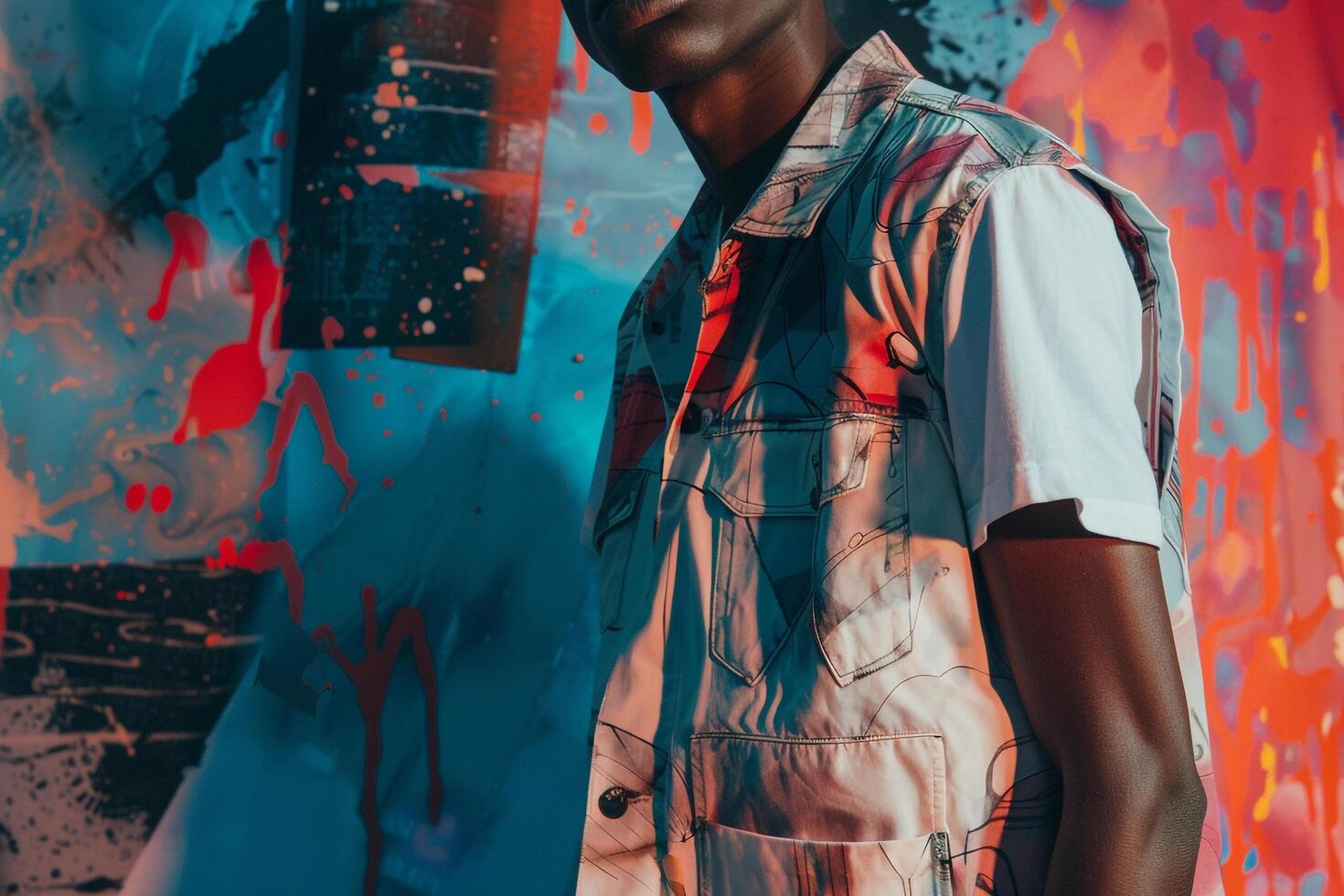 Modern portrait of Male Model in Mixed Media Vest with Abstract Collage Stylish Apparel and Bold Lifestyle in Trendy Background photo