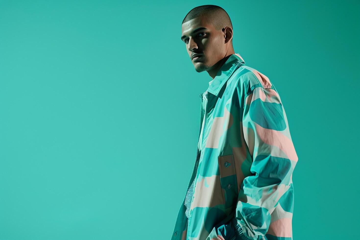 Male Fashion Model in Mint Green Graphic Outfit Trendy portrait Stylish Males Apparel Modern Background and Bold Lifestyle photo