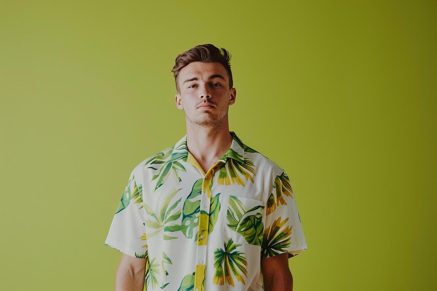 Lime Green Costume Shirt on Male Fashion Model Modern portrait Stylish Males Apparel Trendy Background and Bold Lifestyle photo