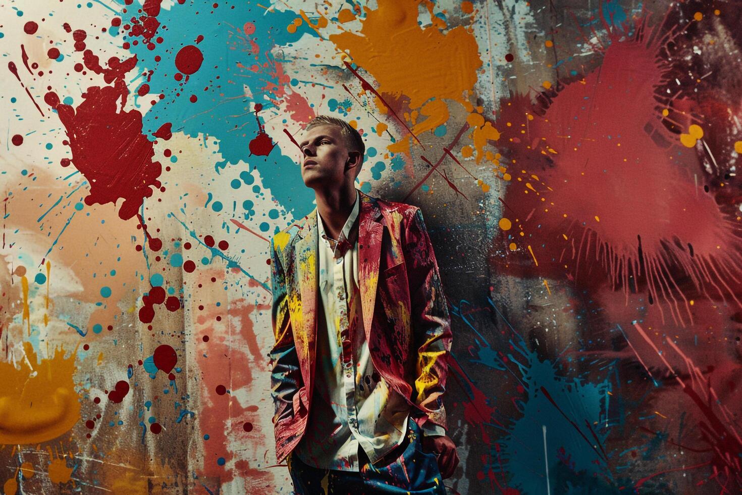 elegant male model in a blazer with abstract paint splatter featuring a dynamic portrait showcasing the latest in Males fashion and lifestyle photo