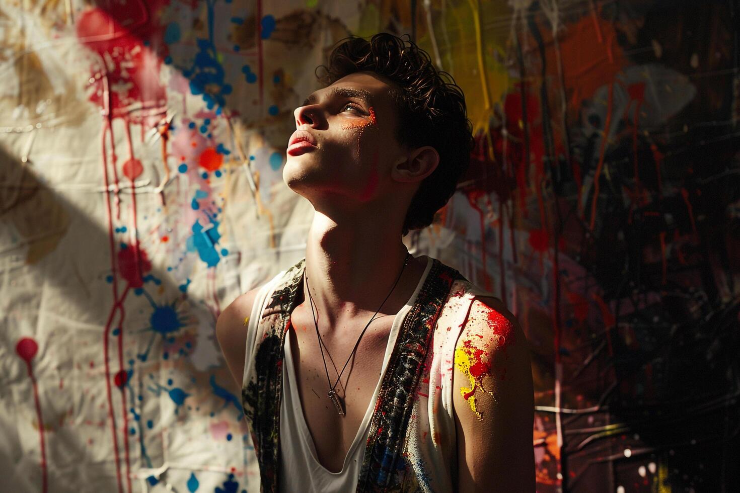 Male model in a vest with colorful splashes set against a dramatic background presenting a trendy portrait of Males fashion and lifestyle photo