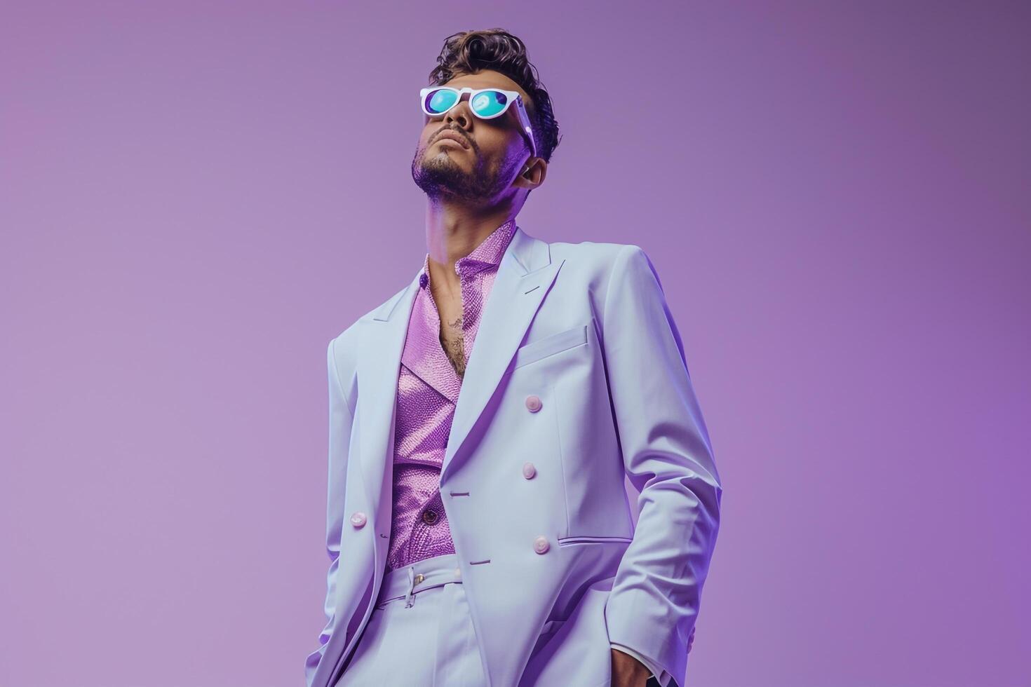 elegant male model in a lavender suit captured in a refined portrait showcasing contemporary Males fashion and lifestyle with a stylish backdrop photo