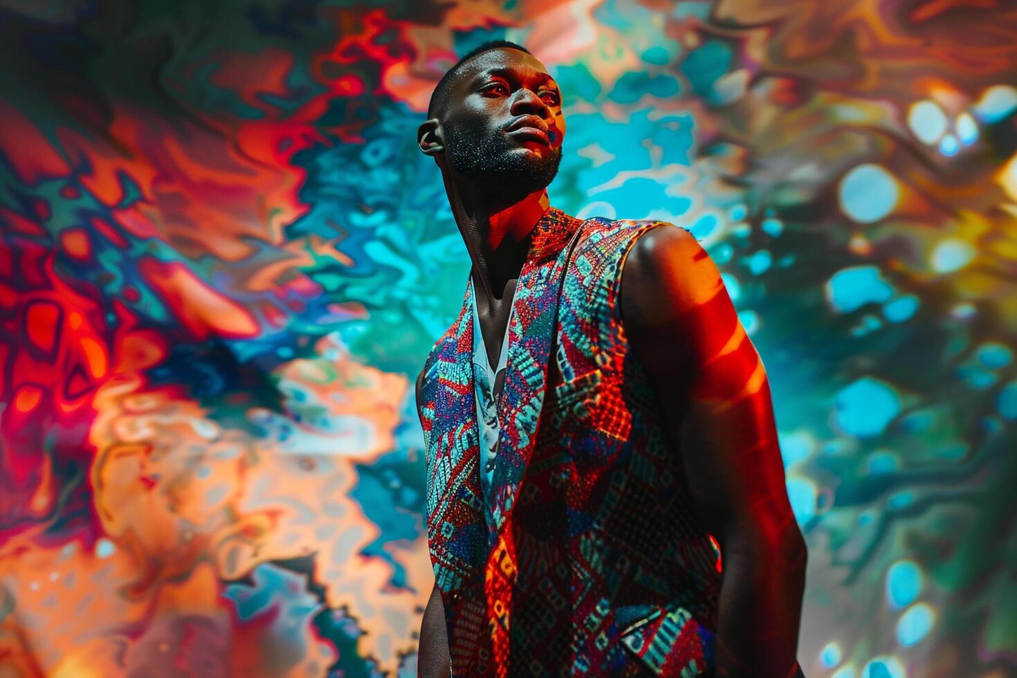 Male model in a patterned vest with graphic art depicted in a stylish portrait with an artistic background reflecting contemporary Males fashion and flair photo