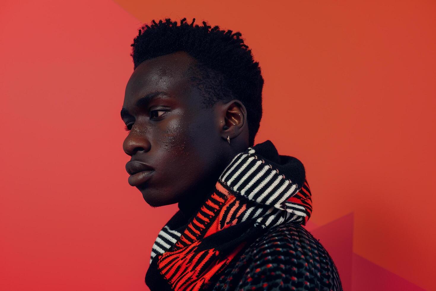 Male model in a patterned scarf with abstract geometric design shown in a stylish portrait with a creative background highlighting modern Males fashion photo