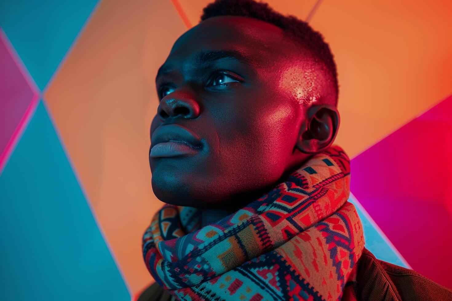 Fashionable male model in a patterned scarf with abstract geometric print featured in a chic portrait with a unique background showcasing contemporary Males style photo