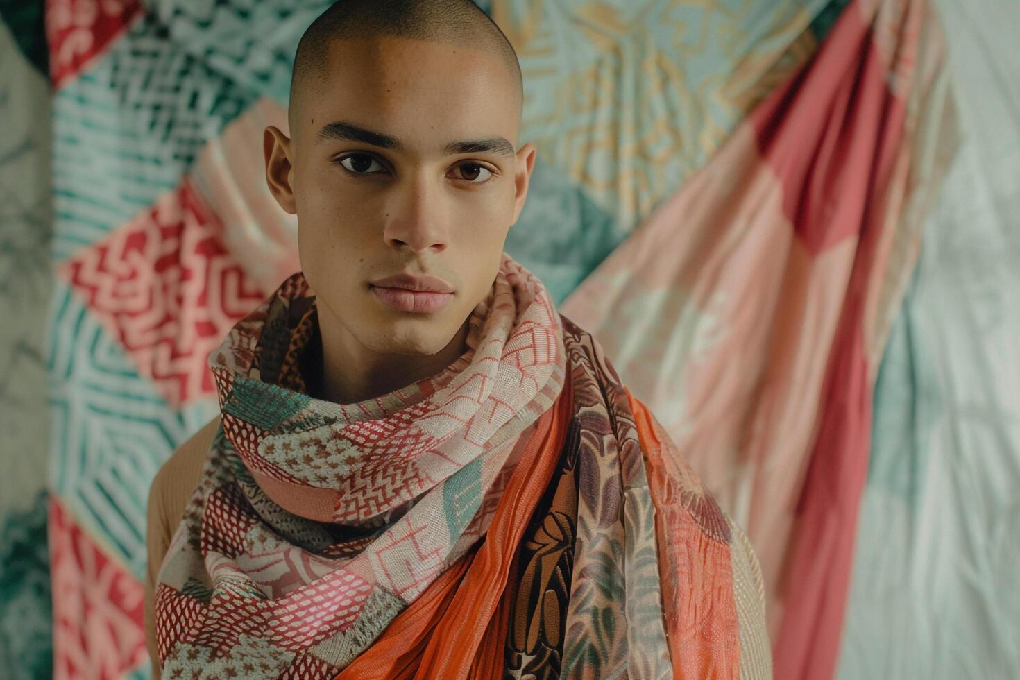 Trendy male model in a patterned scarf with abstract geometric print shown in a stylish portrait with a creative background highlighting contemporary Males fashion photo