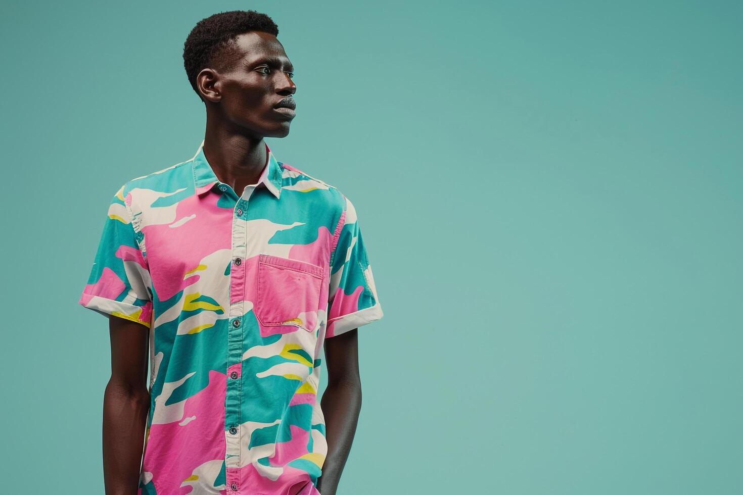 Male fashion model in a mint green shirt captured in a chic portrait with a simple background emphasizing modern Males style and casual lifestyle photo
