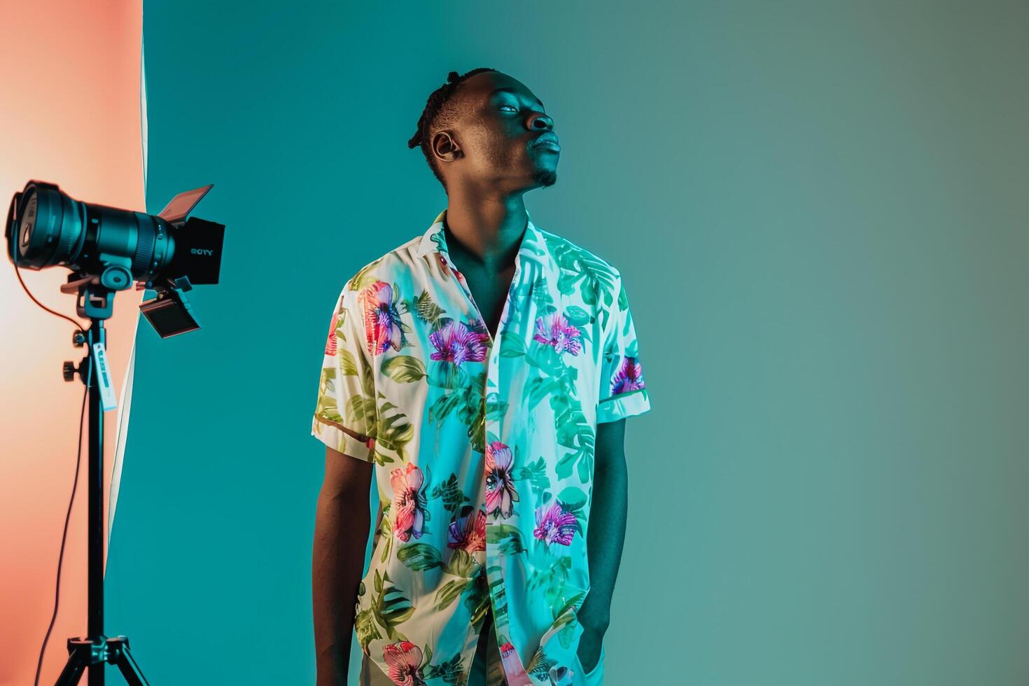 Stylish male model in a mint green shirt set against a clean background creating a trendy portrait that highlights modern Males fashion and lifestyle photo