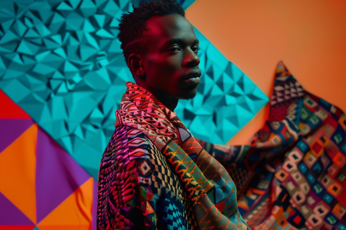 Male model in a patterned scarf with abstract geometric print shown in a stylish portrait with a creative background highlighting modern Males fashion photo