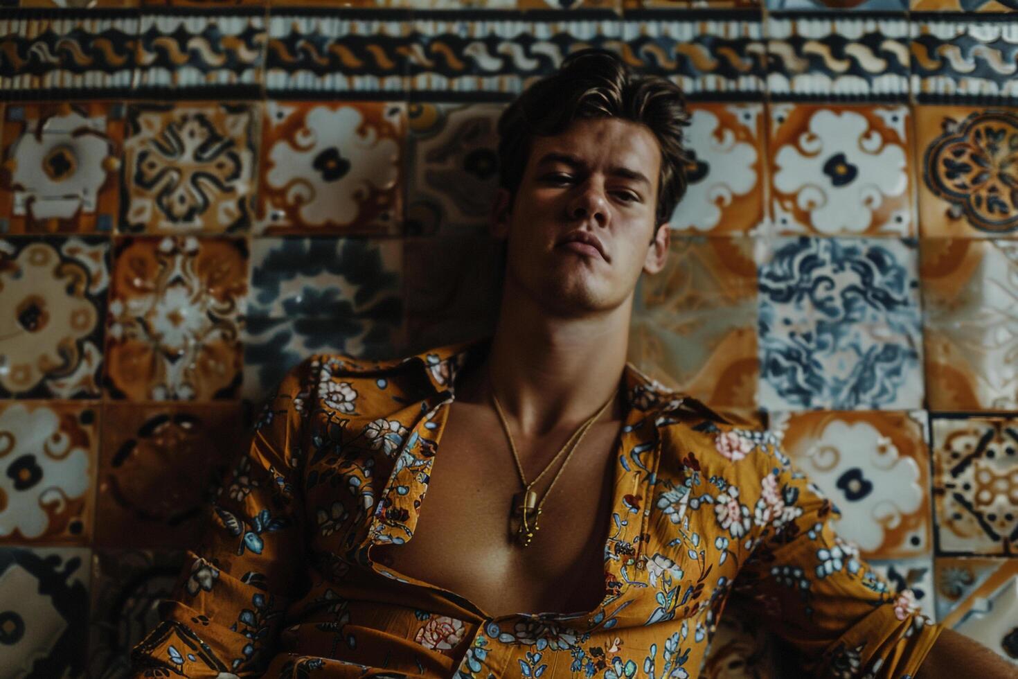 Male model in a patterned shirt with mosaic tile background captured in a stylish portrait with a vibrant design showcasing modern Males fashion and artistic lifestyle photo