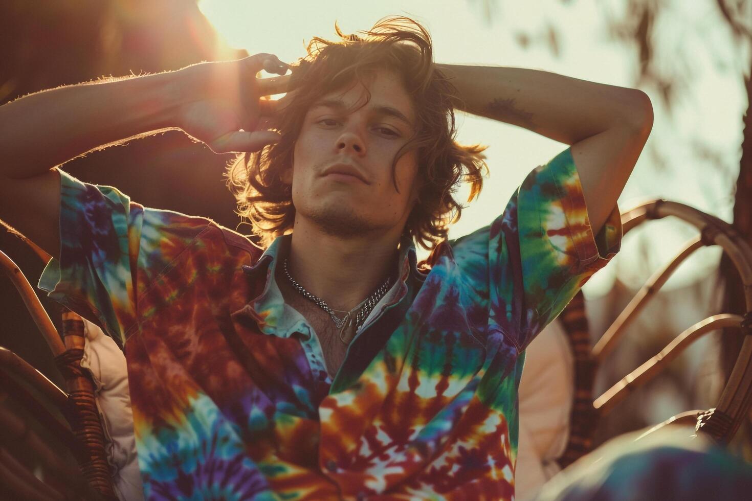 Retro inspired Males fashion with a tie dye shirt and bohemian sunburst background showcasing a unique lifestyle in a trendy fashion portrait photo