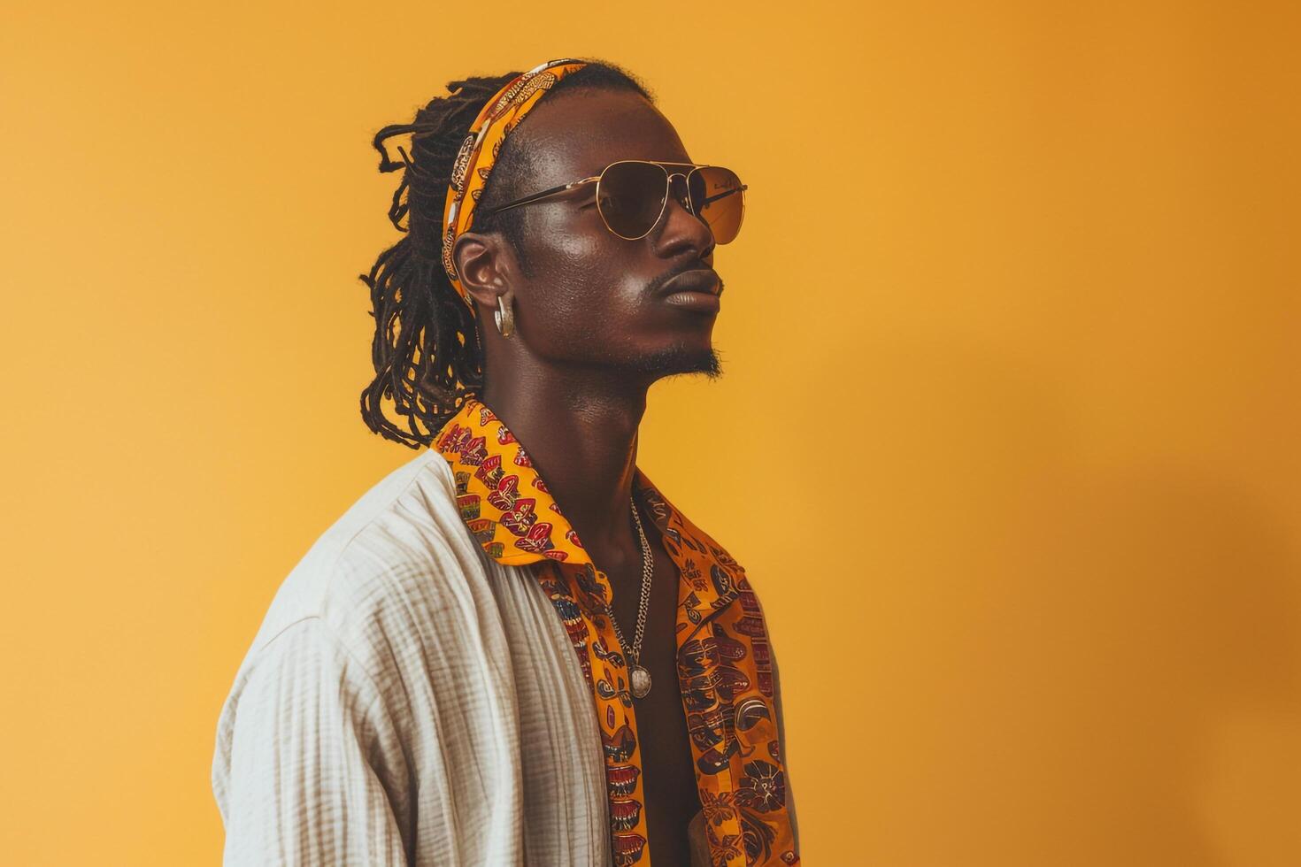 Males fashion featuring a flowing blouse and buttery yellow background highlighting a bright and fresh lifestyle in a soft touch portrait photo