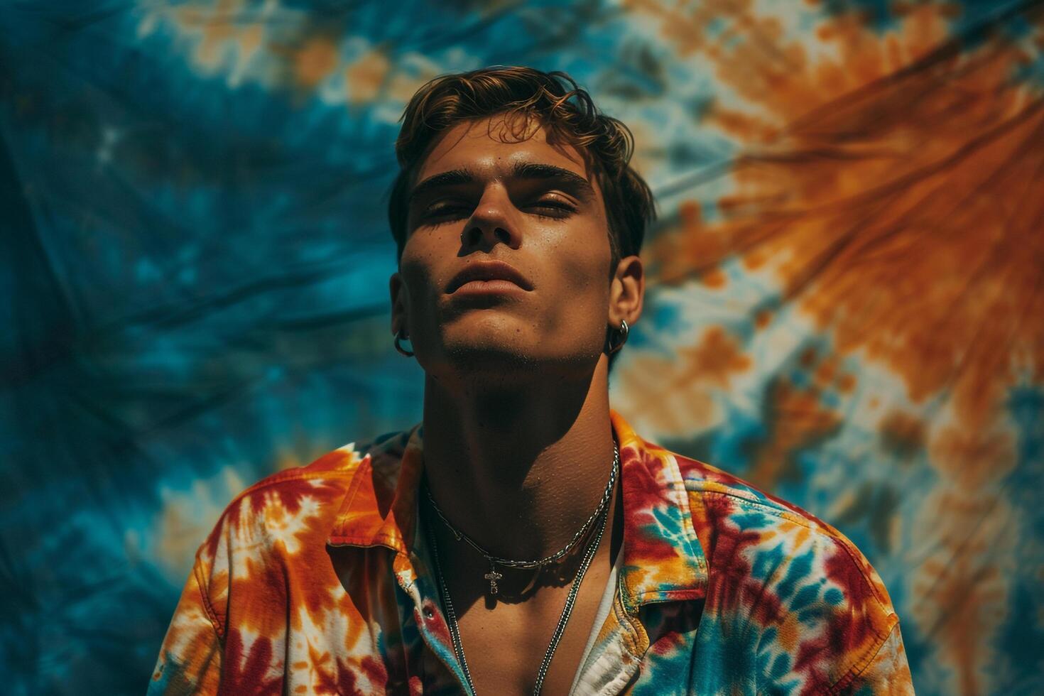 Retro Males fashion with a tie dye shirt and bohemian sunburst background showcasing a unique lifestyle in a contemporary portrait photo