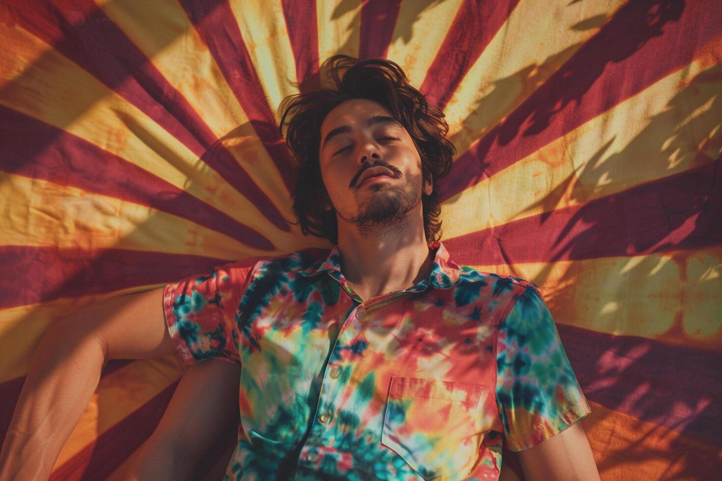Unique Males fashion in a tie dye shirt with a bohemian sunburst background reflecting a retro lifestyle in a contemporary fashion portrait photo