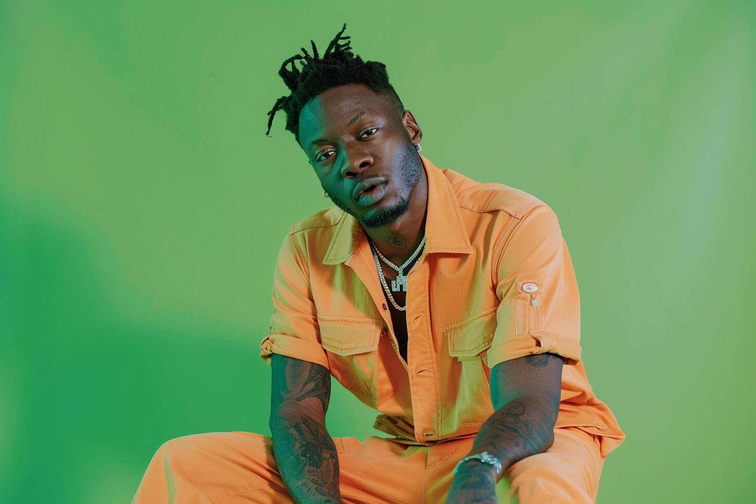 Trendy Males fashion in an electric green jumpsuit with bright lighting showcasing a dynamic lifestyle in a stylish portrait photo