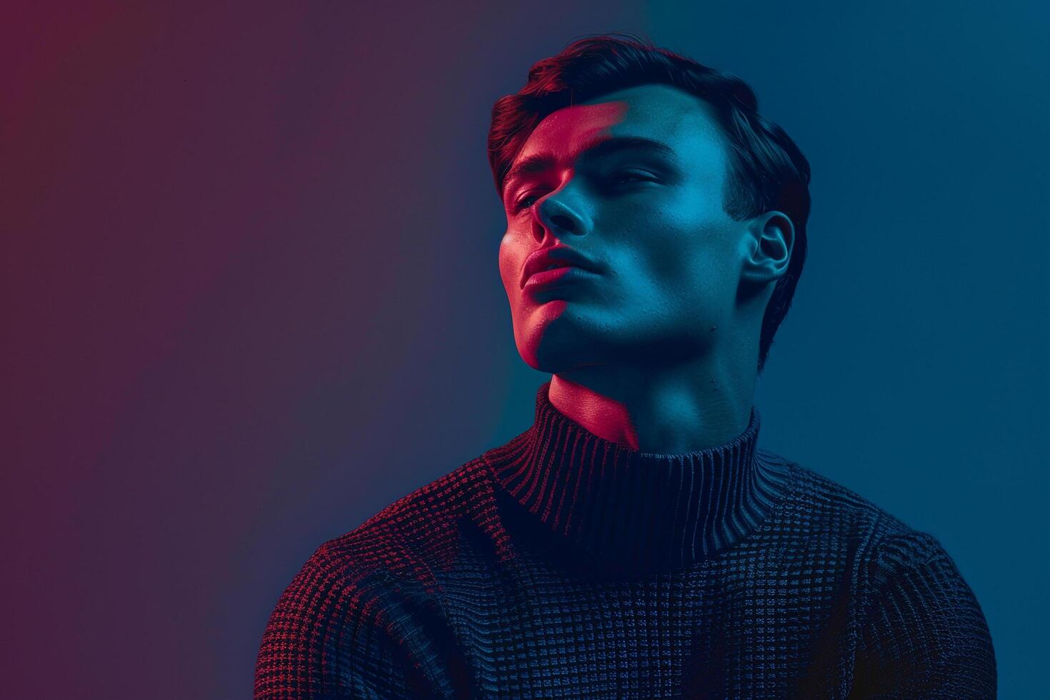 Males fashion in an indigo blue pullover highlighting a sophisticated lifestyle in a stylish portrait with a matching background photo