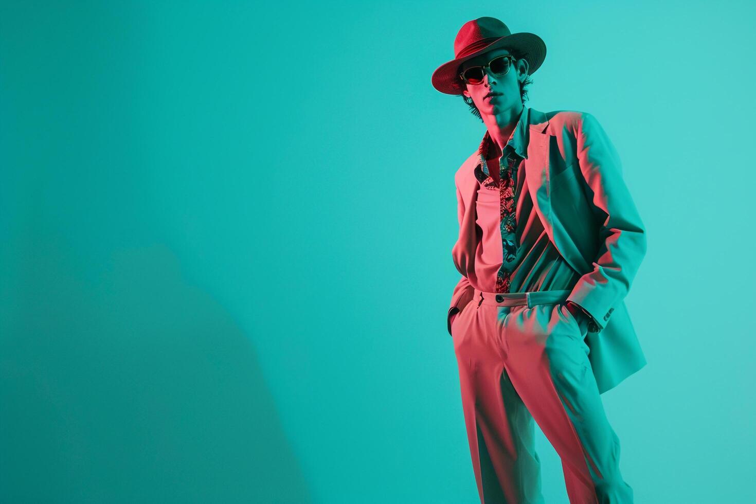 Males fashion in a bright turquoise ensemble showcasing a lively and fashionable lifestyle in a modern portrait photo