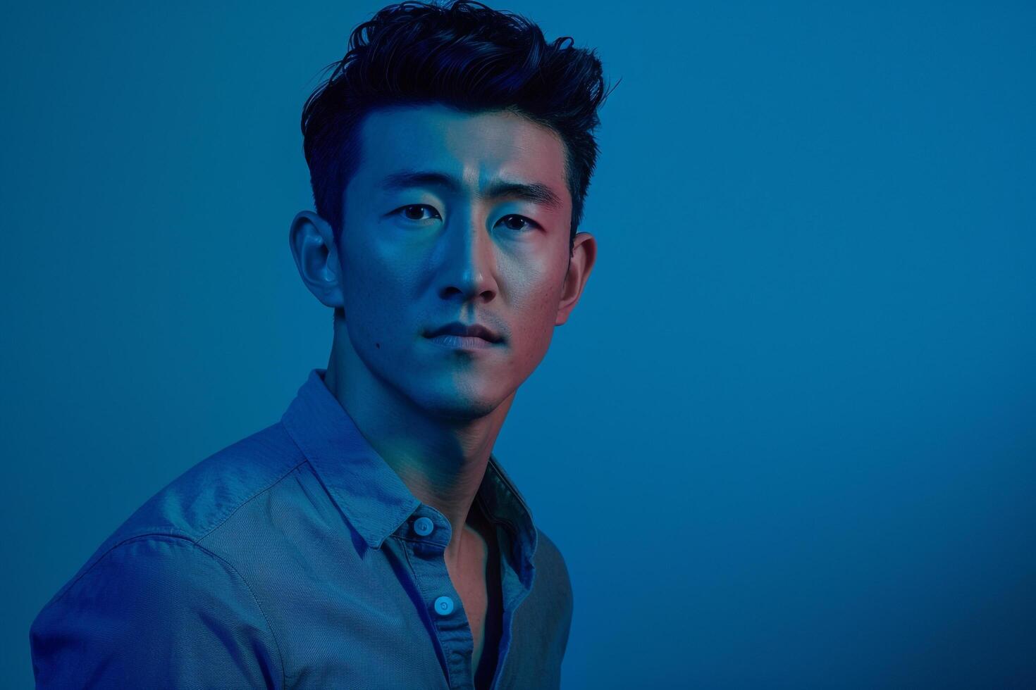 Males fashion featuring a cobalt blue henley shirt showcasing a modern lifestyle in a stylish portrait with a creative background photo