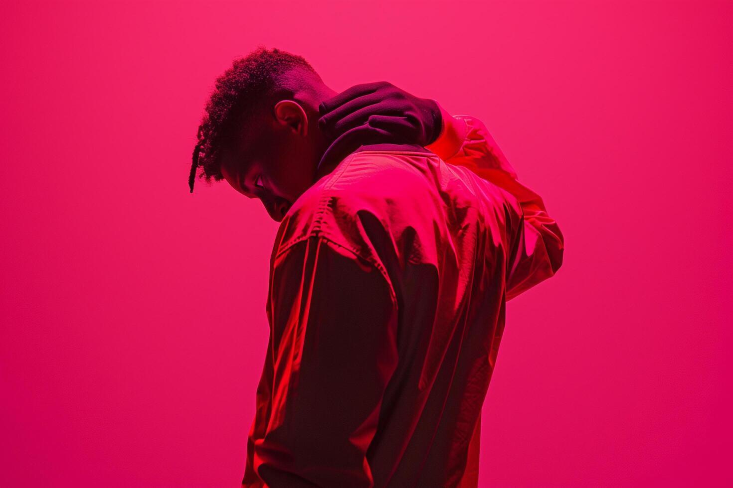 Trendy Males fashion in a magenta pullover showcasing a vibrant lifestyle in a contemporary portrait with a matching background photo