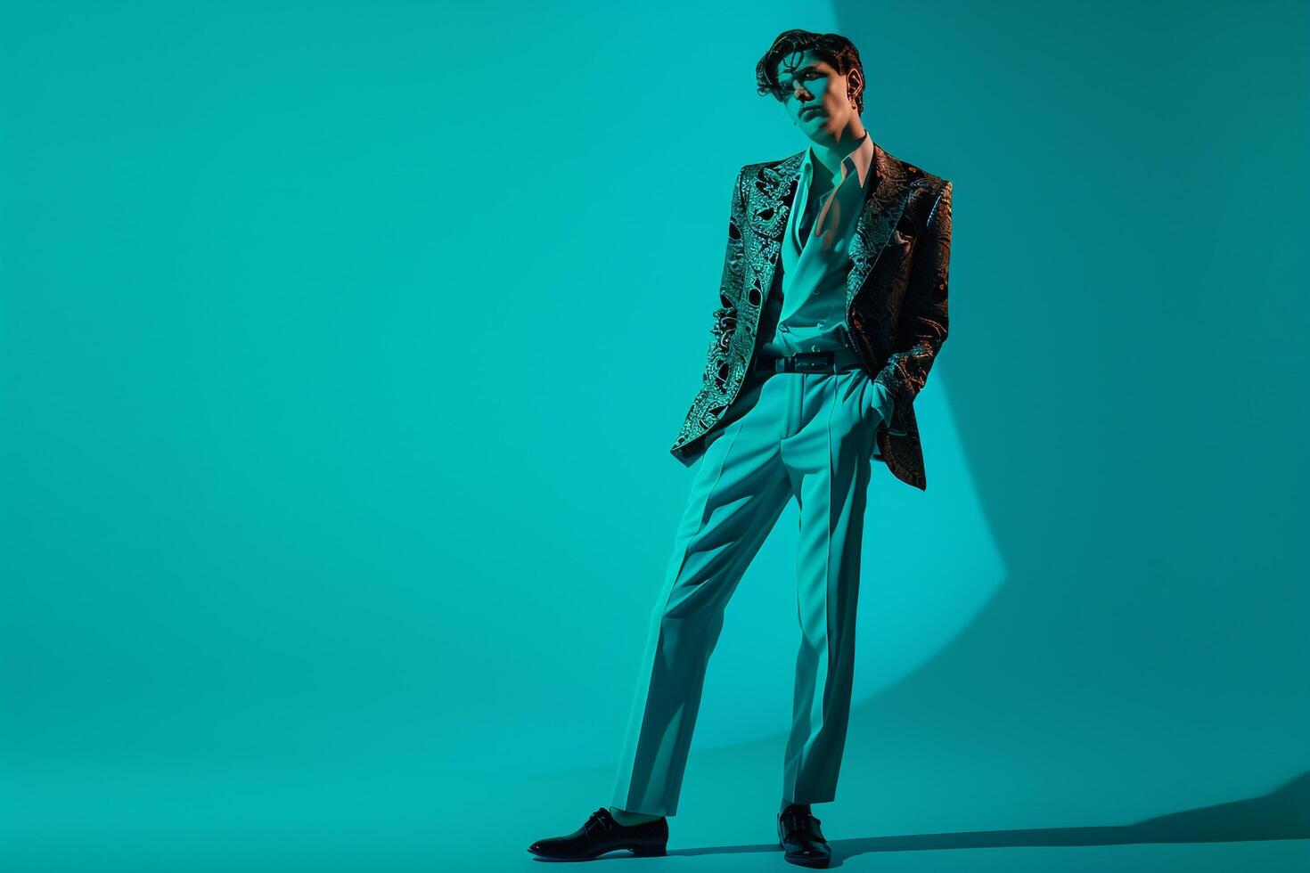 Males fashion in a bright turquoise ensemble showcasing a lively and stylish lifestyle in a modern portrait photo