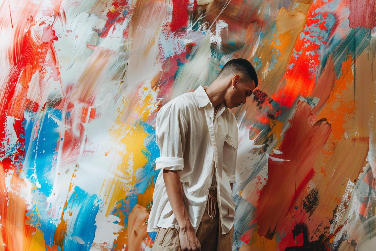 Brush Strokes ensemble Contemporary Lifestyle portrait of Male Fashion Model with Coordinated Background Chic Look photo