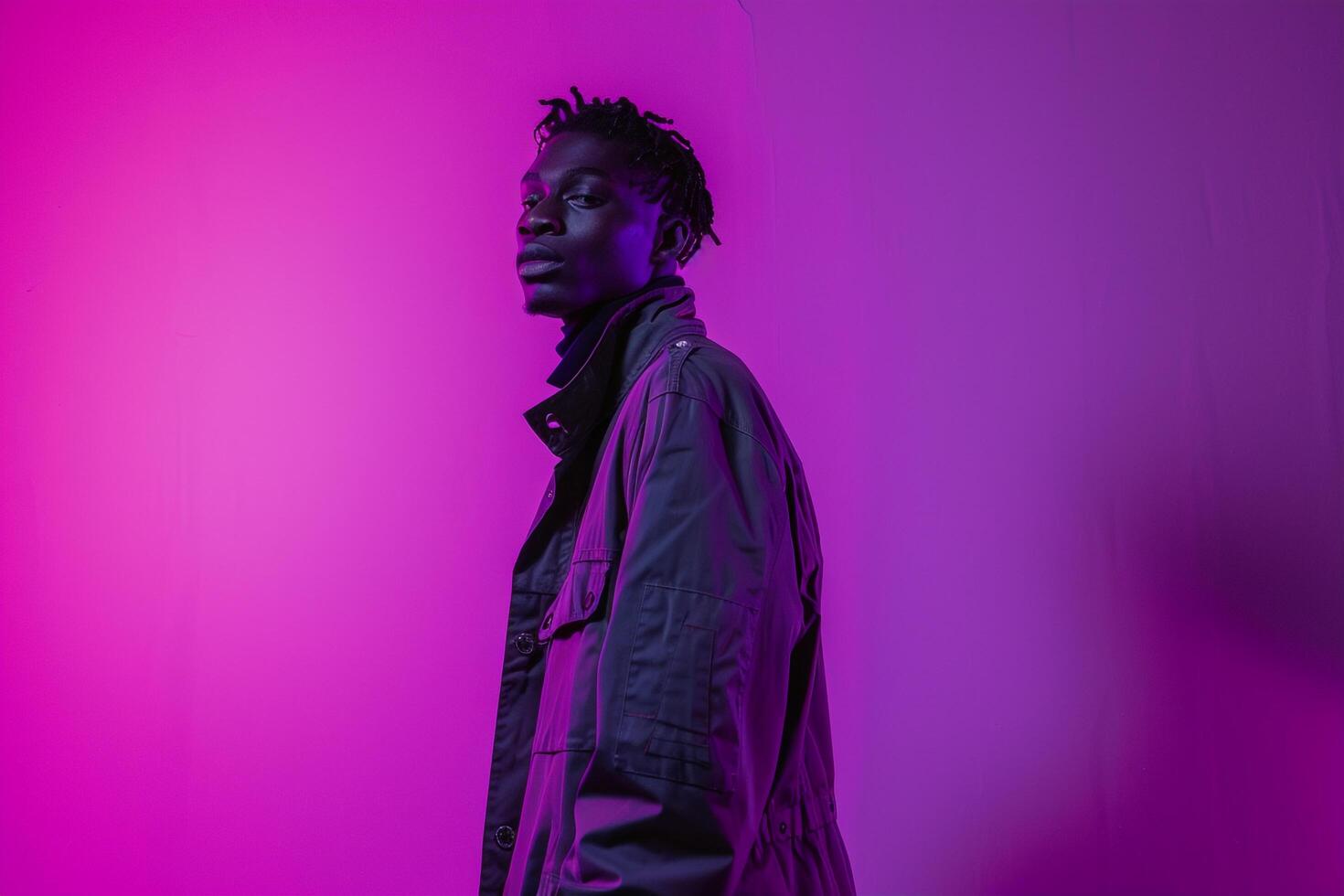purple Suit Bold Lifestyle portrait of Male Fashion Model with Creative Background Trendsetting Style photo