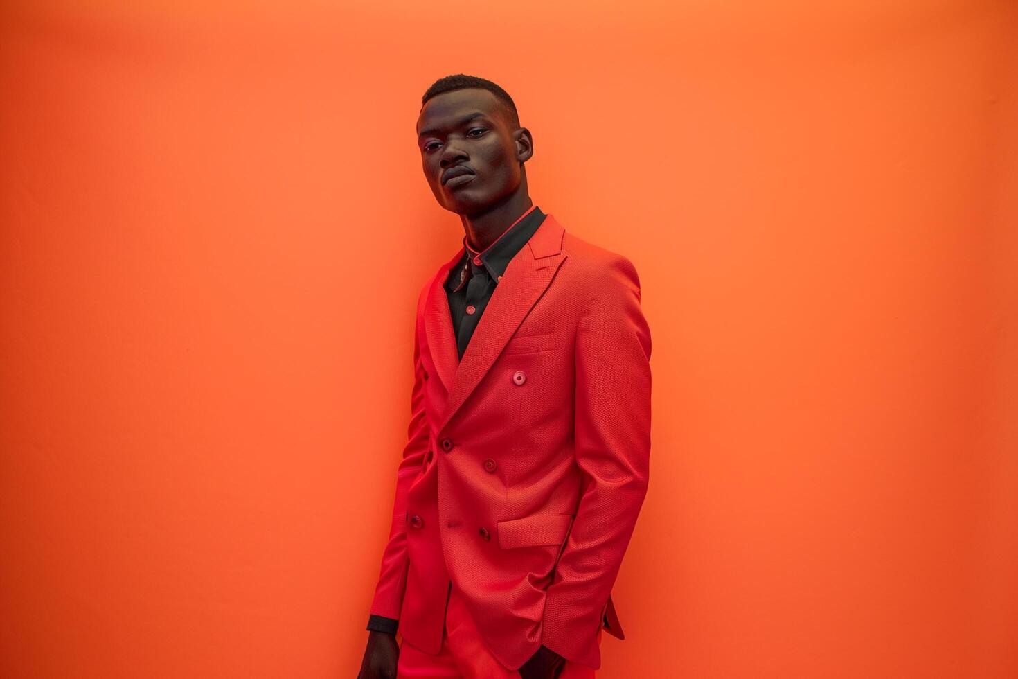 Coral Red Suit Bold Lifestyle portrait of Male Fashion Model with Stylish Background Trendsetting Design photo