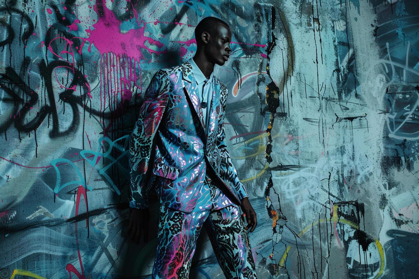 patterned Suit with Creative Graffiti Trendy Male Fashion Model Lifestyle portrait with a Vibrant Background Modern and Stylish Fashion Showcase photo
