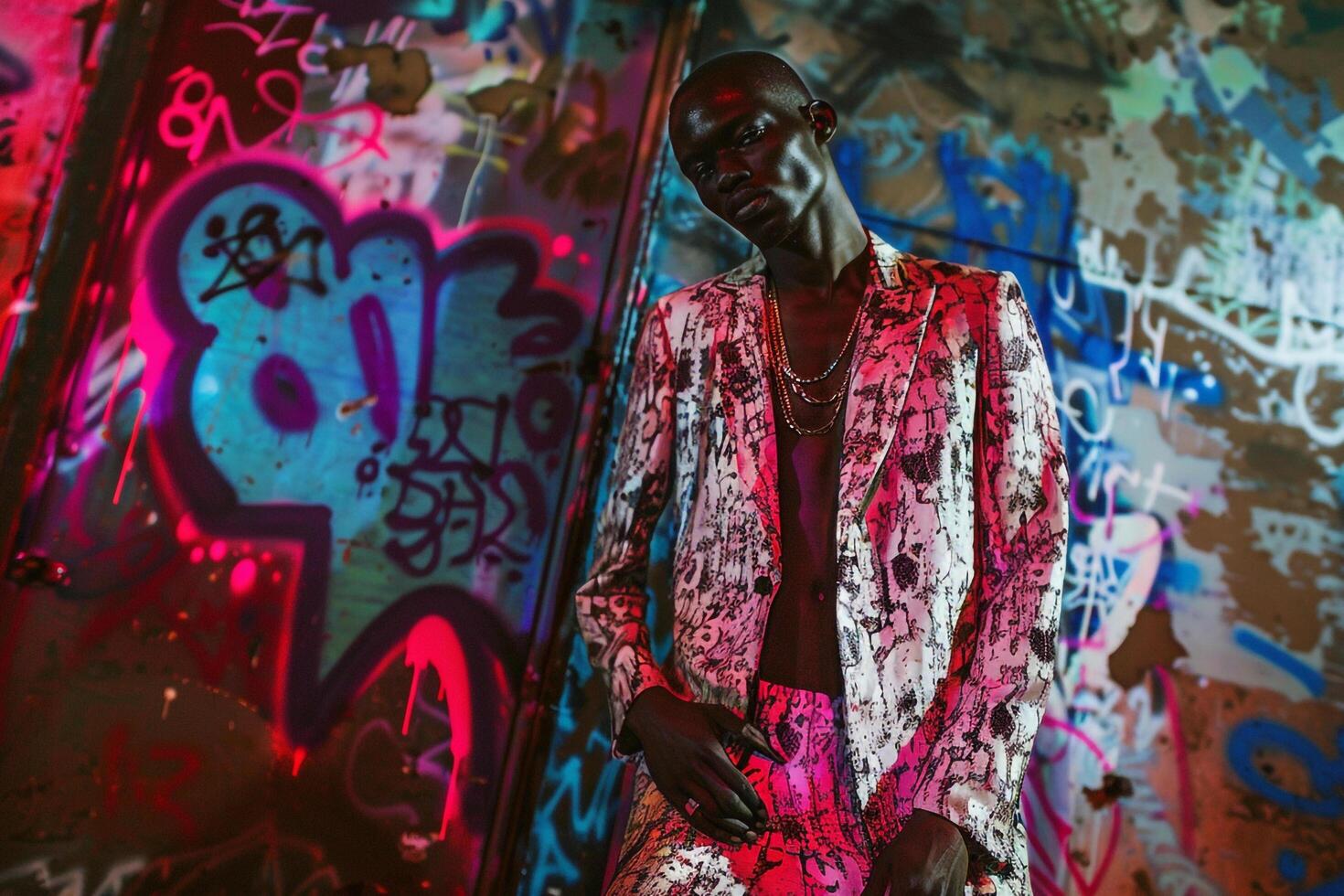 patterned Suit with Creative Graffiti Vibrant Lifestyle portrait of Male Fashion Model with Trendsetting Background Contemporary Style photo