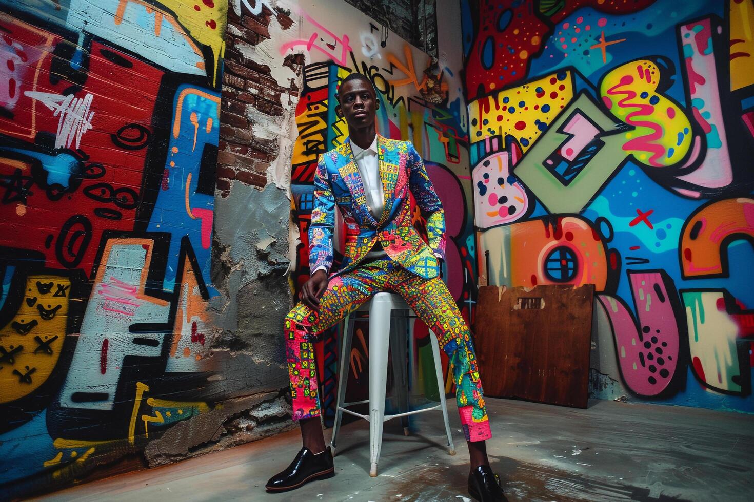 patterned Suit with Creative Graffiti Modern Male Fashion Model portrait with Trendy Background Bold and Stylish Fashion presentation photo