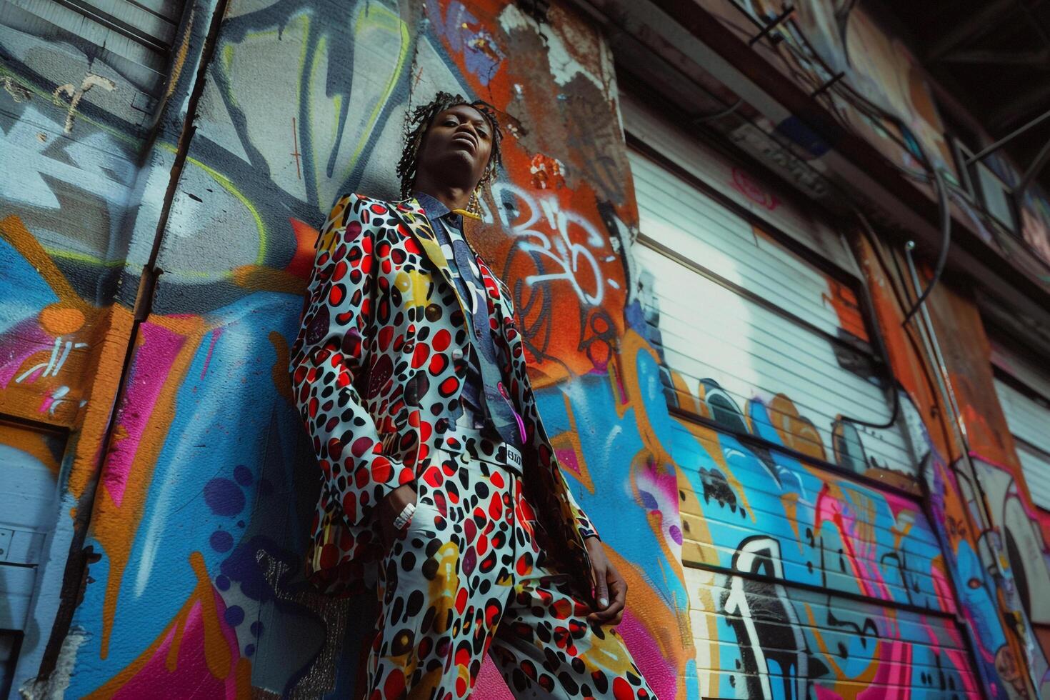 patterned Suit with Creative Graffiti Contemporary portrait of Male Fashion Model with Vibrant Background Trendsetting and Stylish Look photo