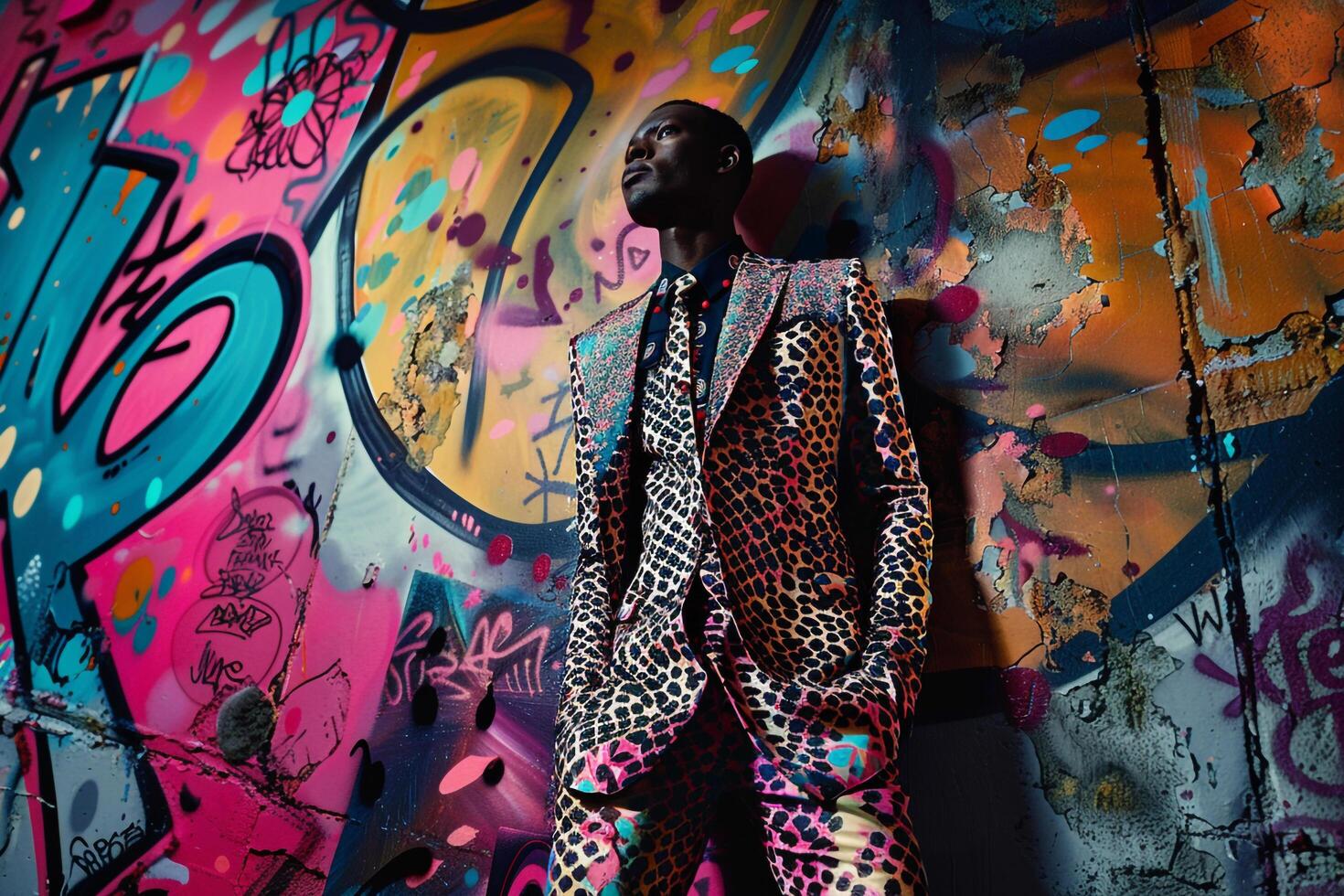 patterned Suit with Creative Graffiti Stylish Lifestyle portrait of Male Model with Trendy Background Bold Fashion and Modern Design photo