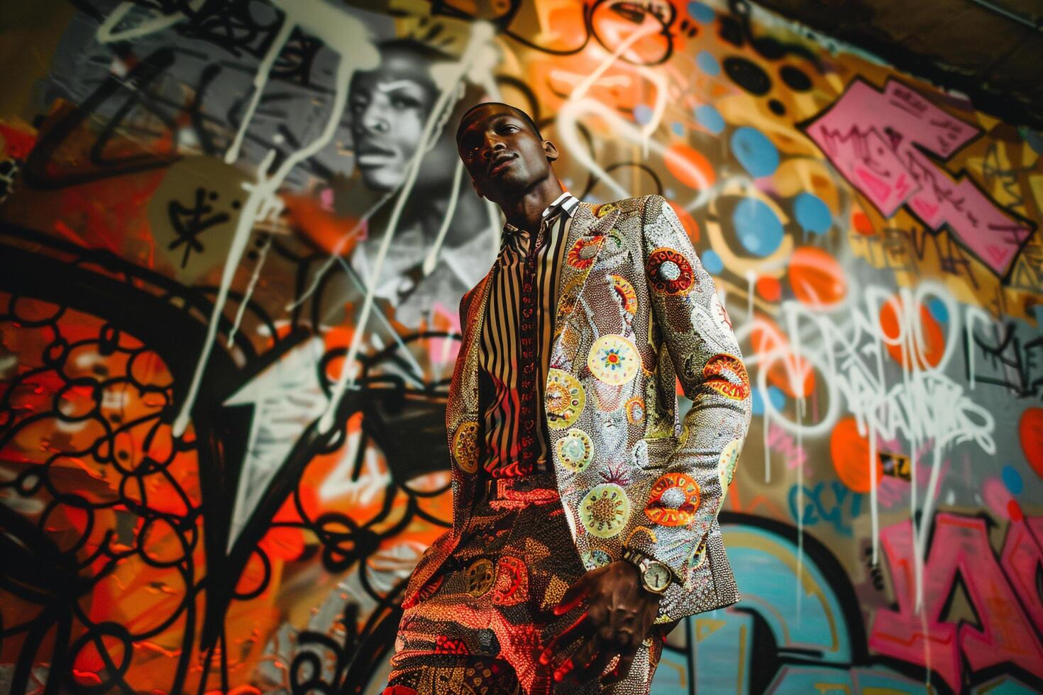 patterned Suit with Creative Graffiti Stylish Lifestyle portrait of Male Fashion Model with Trendy Background Contemporary and Trendsetting photo