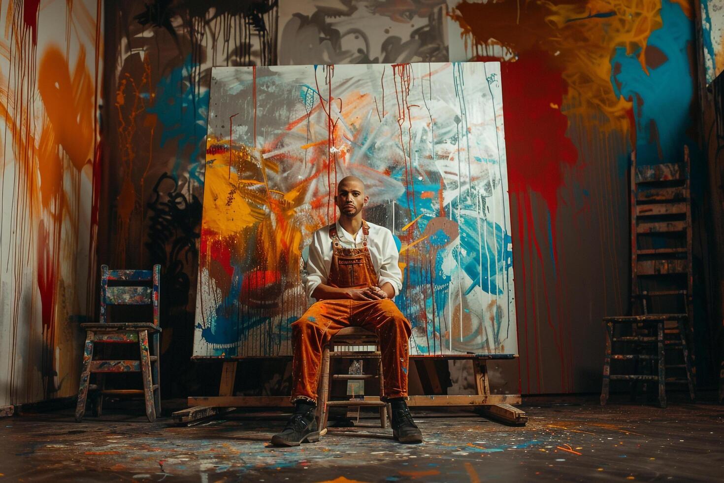 Overalls with paint Drips Stylish Male Fashion Model portrait with Artistic Background Trendy Fashion and Creative Design Showcase photo
