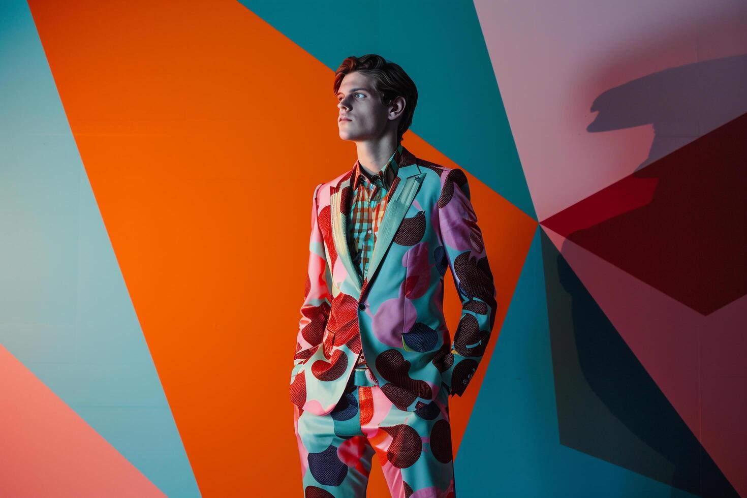 Geometric Art Suit Stylish Lifestyle portrait of Male Fashion Model with Modern Background Trendsetting Fashion and Contemporary Design photo