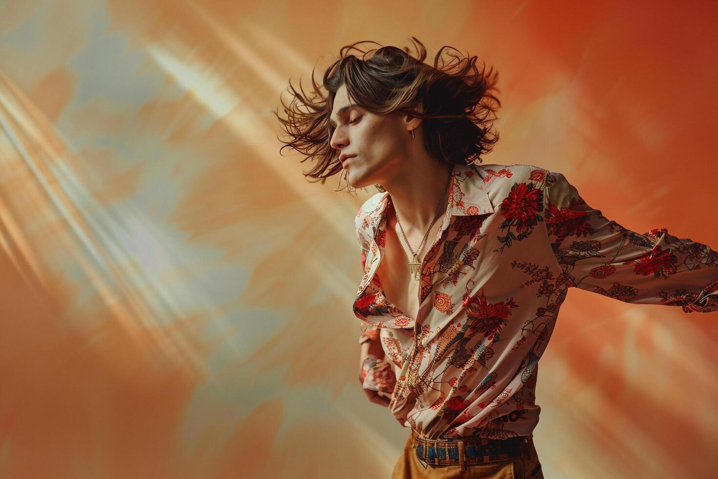 Stylish Male Model in Flowy Shirt and pants Abstract Sunburst Background Handsome portrait Featuring Trendy Lifestyle and Fashionable Attire photo