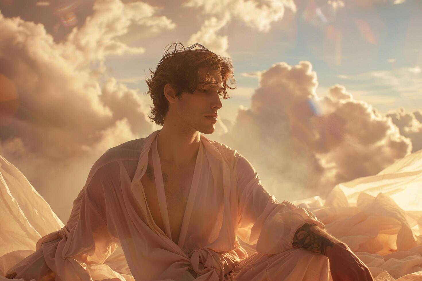 Trendsetting Fashion Model in Flowing Robe ethereal Sky Background Handsome Male portrait Highlighting Modern Lifestyle and Stylish Attire photo