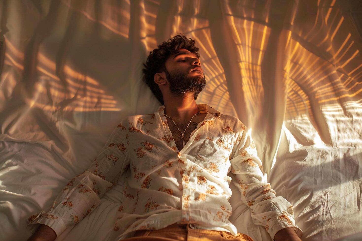 Handsome Fashion Model in Flowy Shirt and pants with Abstract Sunburst Background Trendy Male portrait Featuring Modern Lifestyle and Style photo