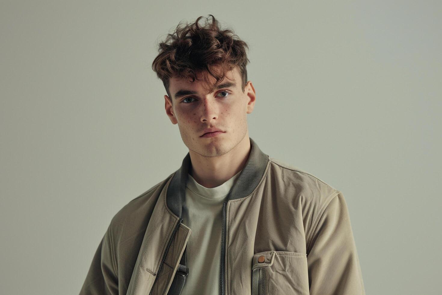 Relaxed Male Fashion Model in Zip Up Jacket Light Sage Background and Casual Lifestyle Showcasing a Soft Touch in Males Fashion portrait photo
