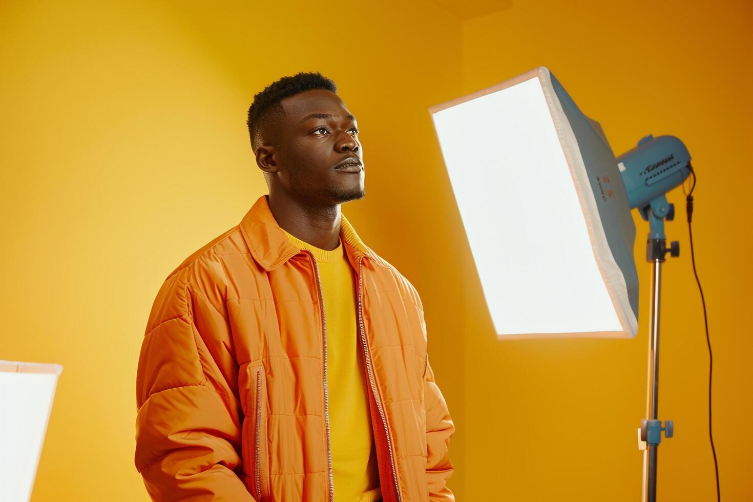 Trendy Male Fashion Model in Zip Up Jacket Marigold Background and Casual Lifestyle Showcasing a Unique Touch in Males Fashion portrait photo
