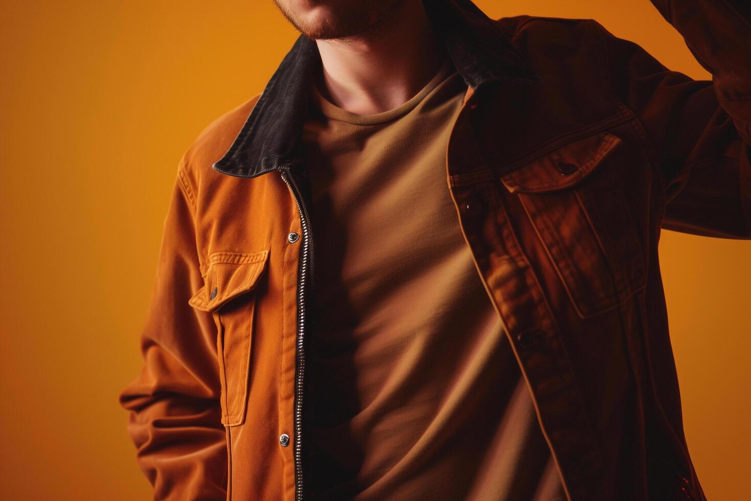Trendy Male Fashion Model in Zip Up Jacket Marigold Background and Casual Lifestyle Showcasing a Unique Touch in Males Fashion portrait photo