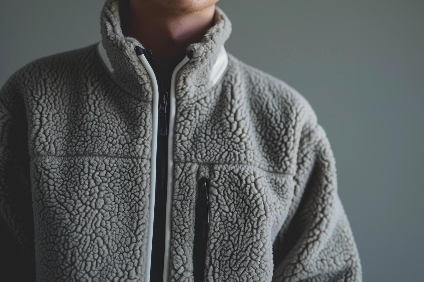 Comfortable Male Fashion Model in Fleece Jacket Cloth Background and Cozy Lifestyle Featuring a Relaxed Touch in Males Fashion portrait photo